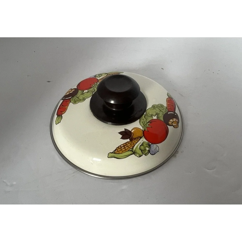 Vintage 70s Enamel Cookware Lid Vegetables‎ Tomatoes Corn Mushrooms Carrots